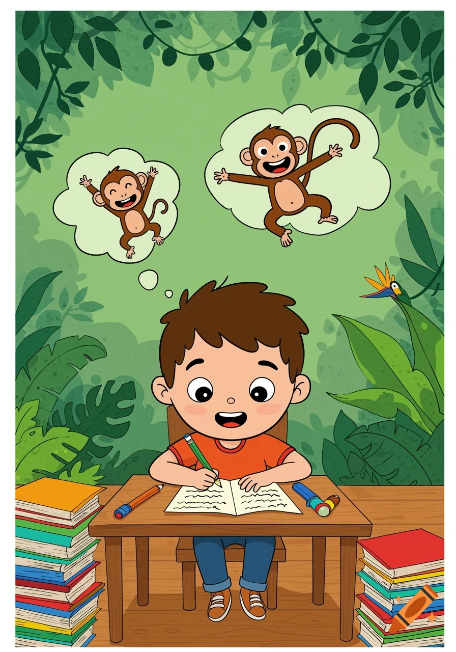 A cartoon illustration of a boy writing in a book at a desk, with thought bubbles showing two happy monkeys.