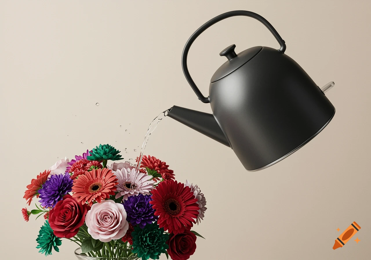 A black minimalist kettle pours water into a vibrant bouquet of multicolored flowers.