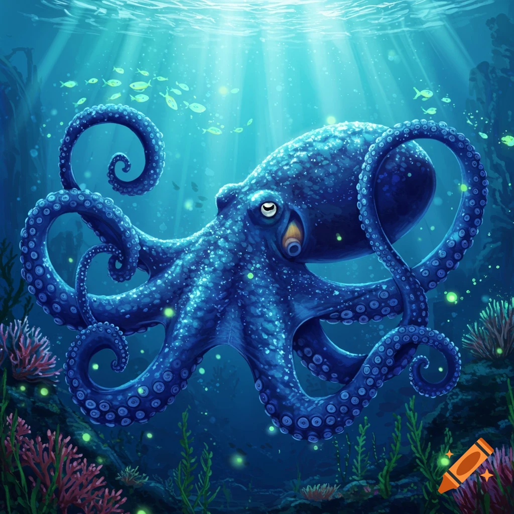 A vibrant blue octopus swims in a sunlit underwater scene with fish, coral, and glowing particles.