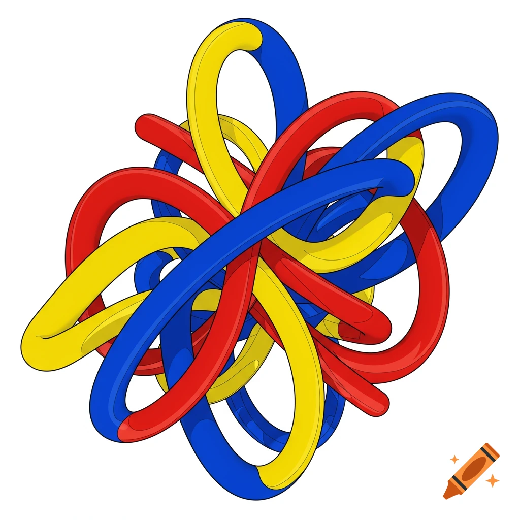 An abstract design of intertwined blue, red, and yellow tubular lines on a white background.