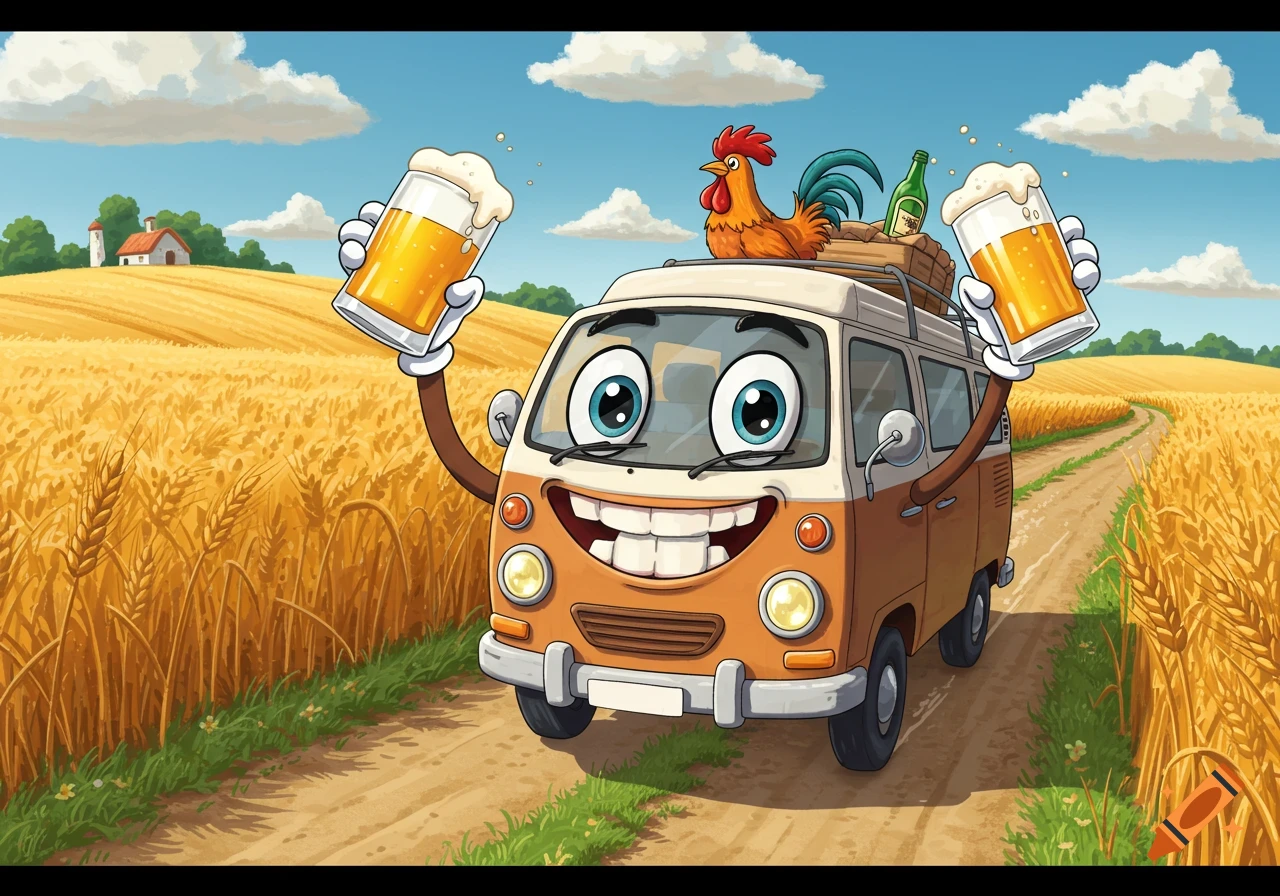 A cartoon character van with a smile and arms holds two frothy beer glasses while driving through a wheat field, with a rooster on its roof.