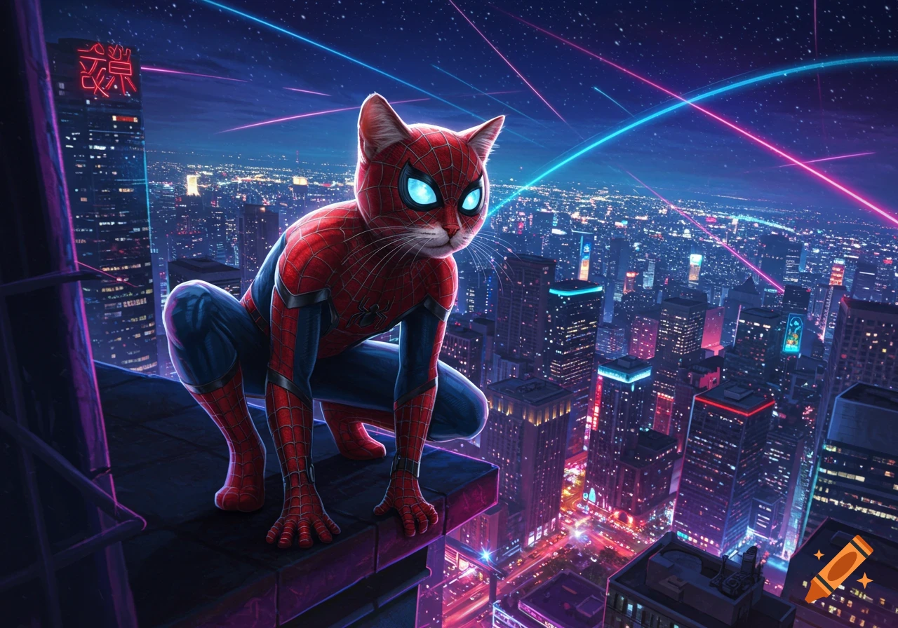 A cat in a red and blue Spider-Man suit crouches on a skyscraper rooftop overlooking a neon-lit futuristic city at night.