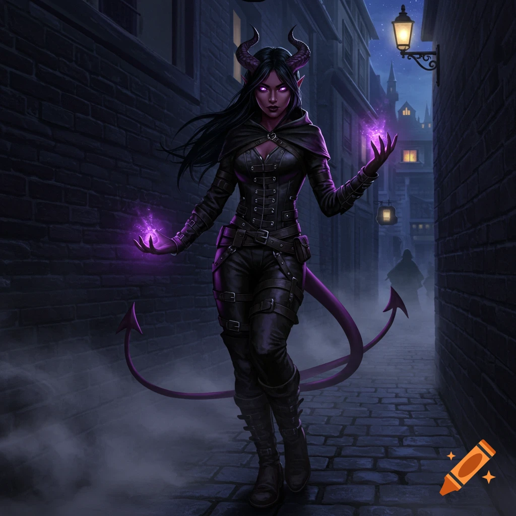 A dark fantasy illustration of a female tiefling rogue with black hair, violet eyes, and horns, wearing dark leather armor, holding purple magic, in a foggy cobblestone alley at night.