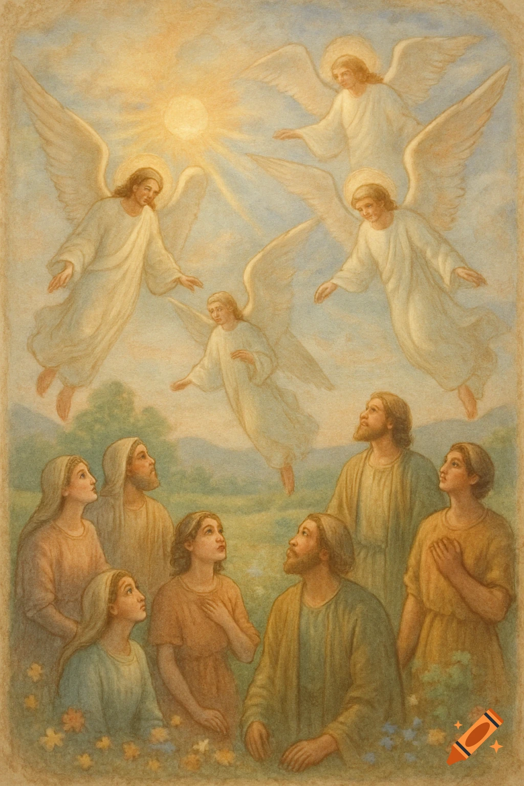 A painting depicts several angels descending from a bright sky as a group of people look up from a grassy field.