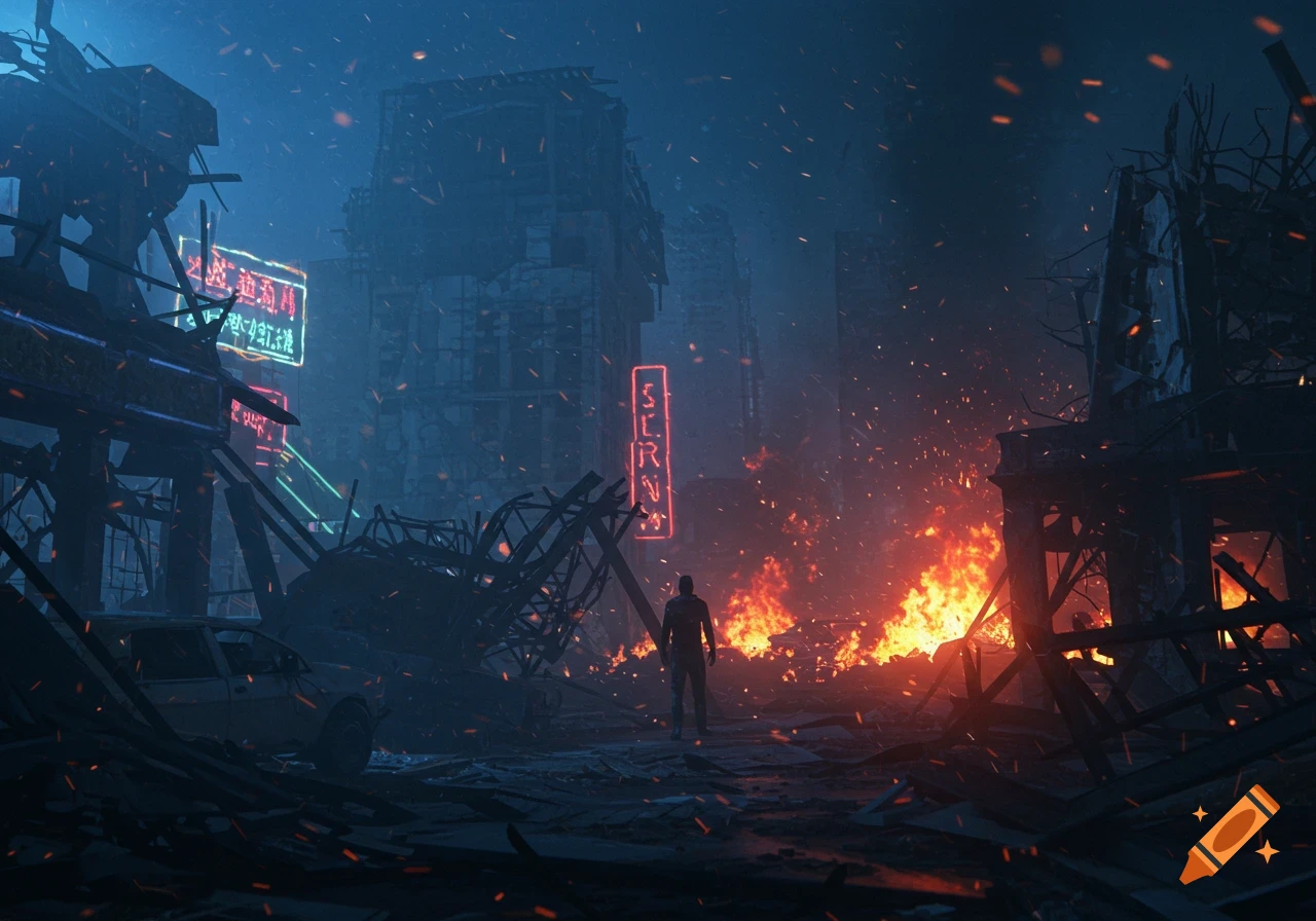 A lone figure stands amidst burning rubble in a destroyed city at night, under a smoke-filled sky with glowing neon signs.
