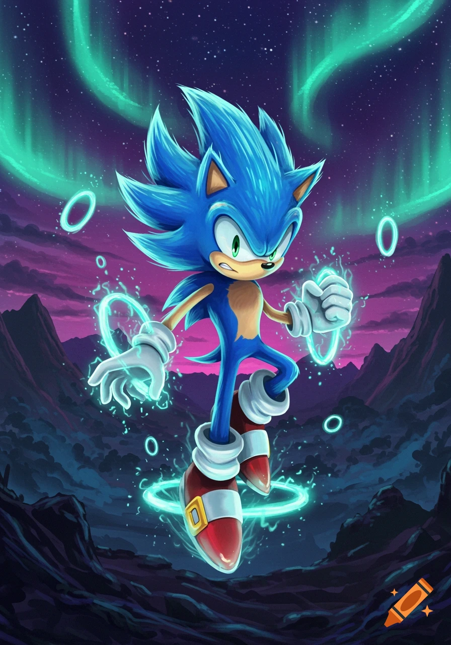 Sonic the Hedgehog, in a glowing blue hyper form, with energy rings surrounding him against a starry purple sky with green aurora.
