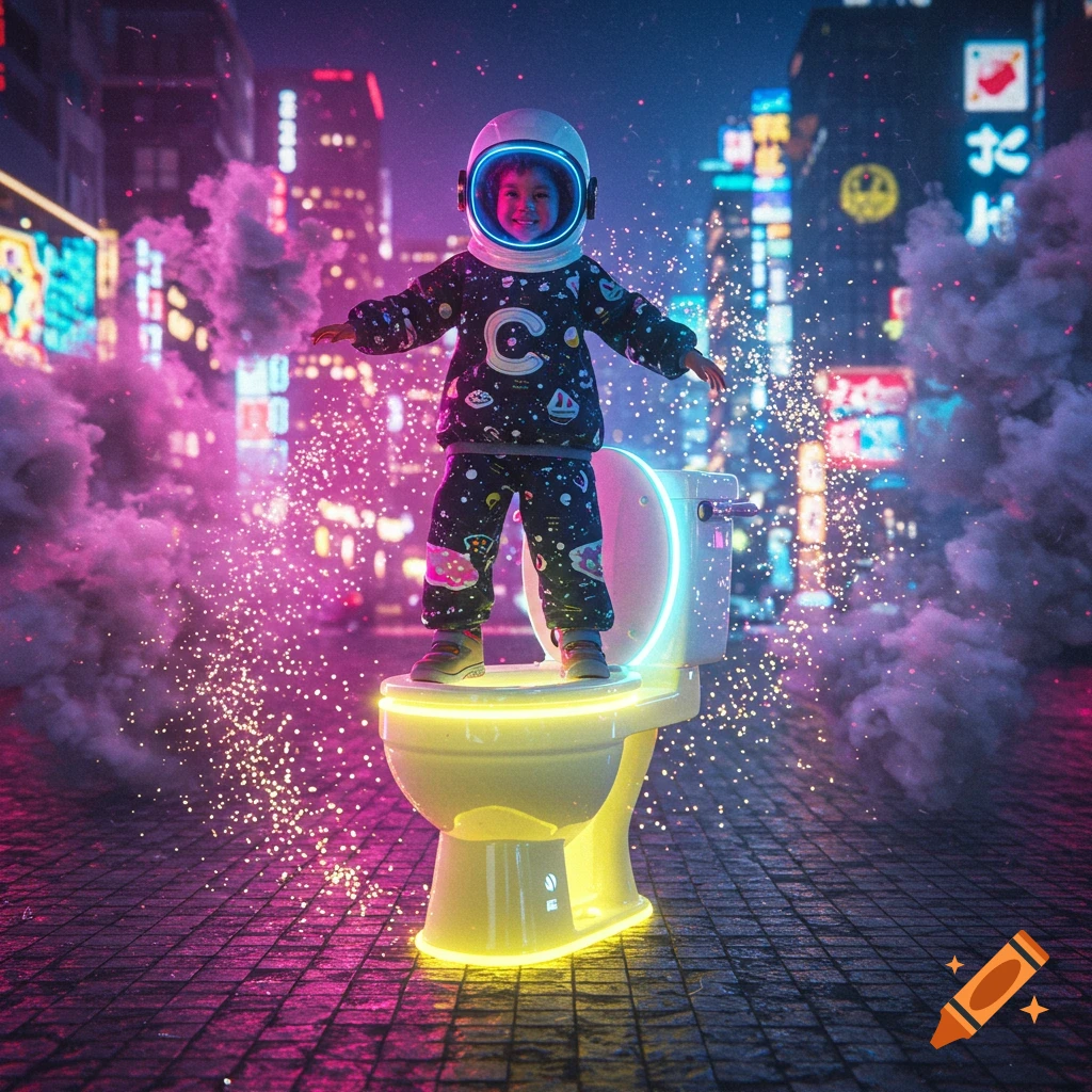 A smiling child in a glowing astronaut helmet stands on a neon-lit toilet in a vibrant cyberpunk city at night with pink and purple lighting and sparks.