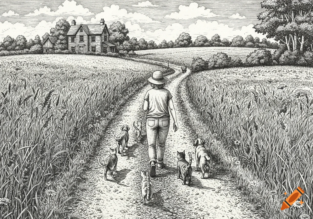 Pen and ink drawing of a person walking up a gravel country road with several cats and dogs following, a house and fields in the distance.