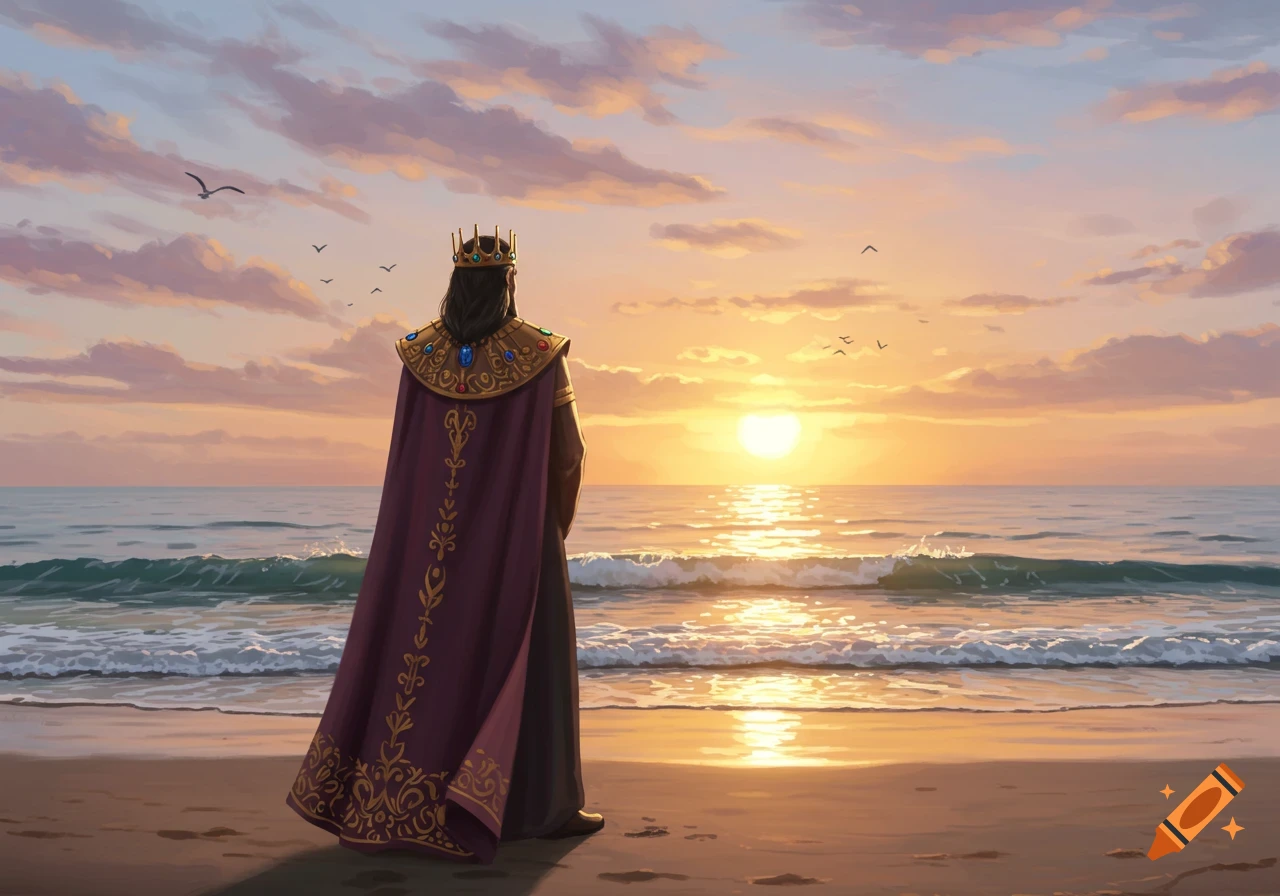 A regal figure wearing a crown and elaborate cape stands on a beach, gazing at a vibrant sunset over the ocean.