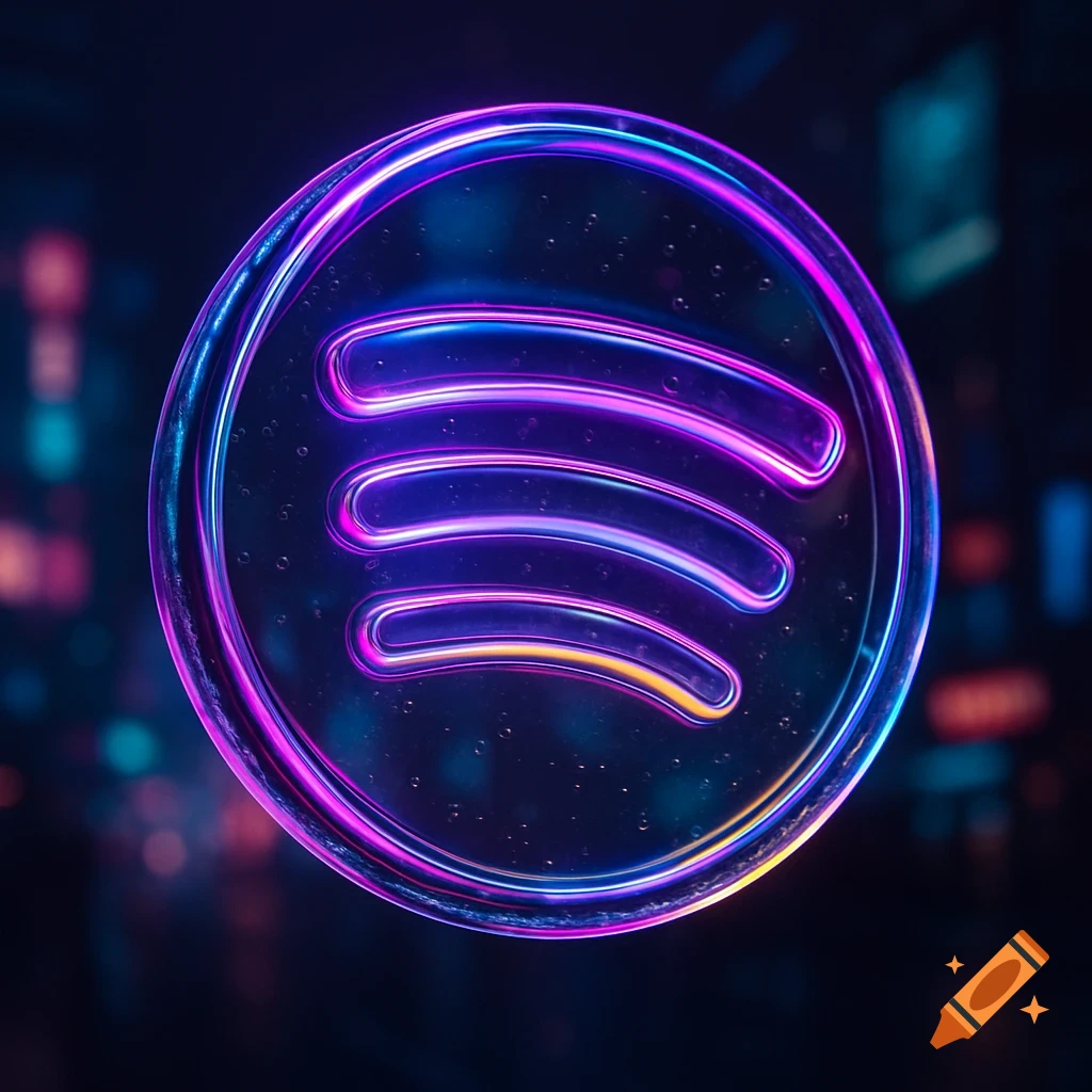 A glowing neon Spotify logo made of transparent glass with purple, pink, blue, and yellow colors, set against a blurred dark cyberpunk city background.