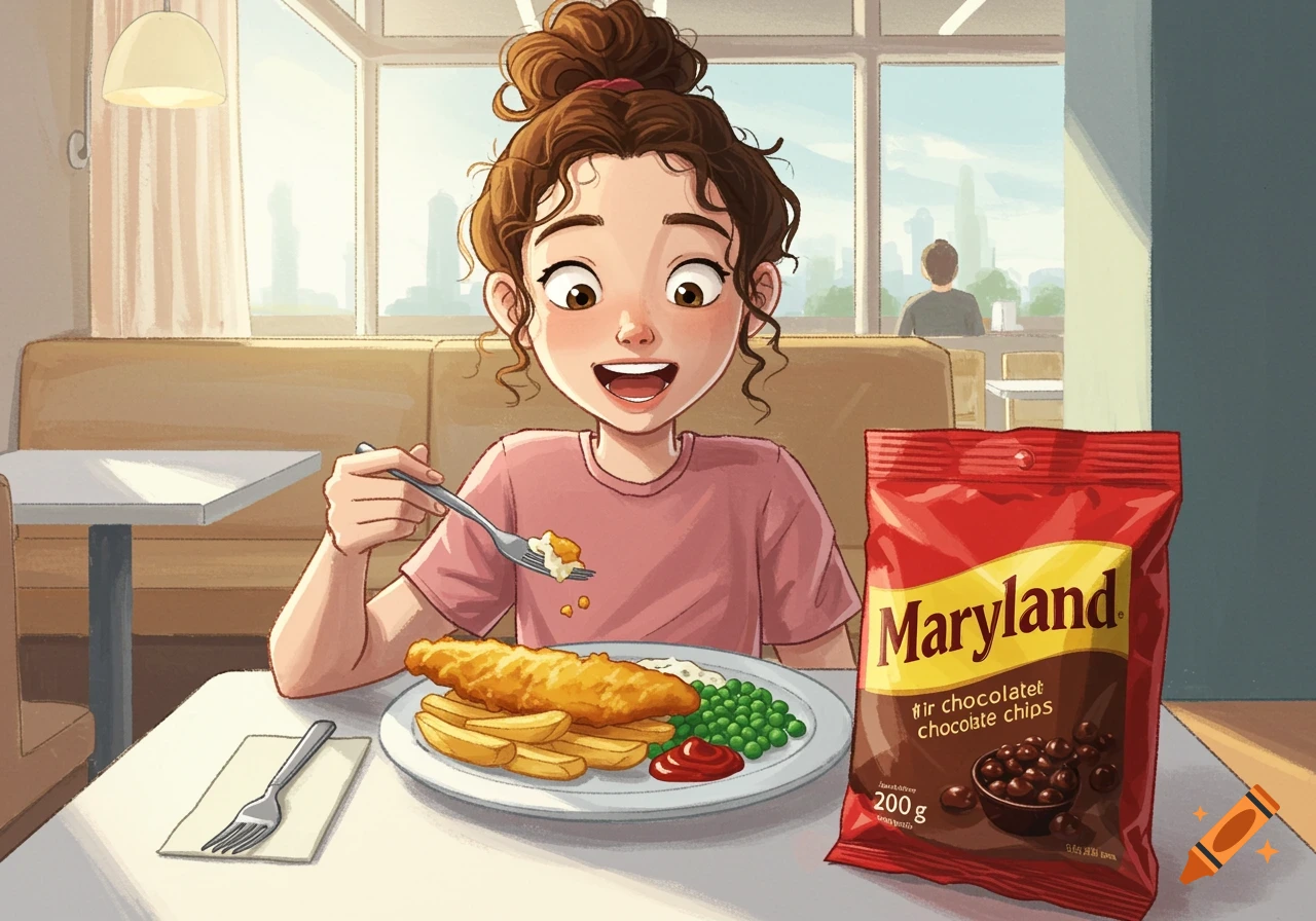An illustration of a girl with curly brown hair eating fish and chips with peas and ketchup at a restaurant. A red bag of Maryland chocolate chips is on the table.