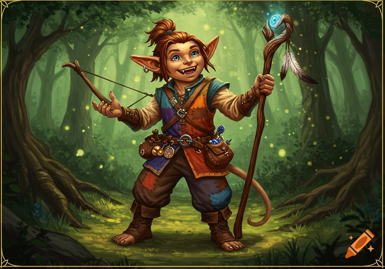 A cheerful, barefoot male kender with large ears, a topknot, and patched clothes, holding a bow and glowing staff in a magical forest.