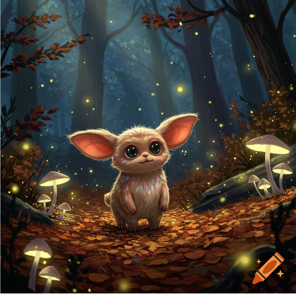 A cute, big-eared, furry creature with large eyes stands on an autumn leaf-covered forest floor, illuminated by glowing mushrooms and fireflies.