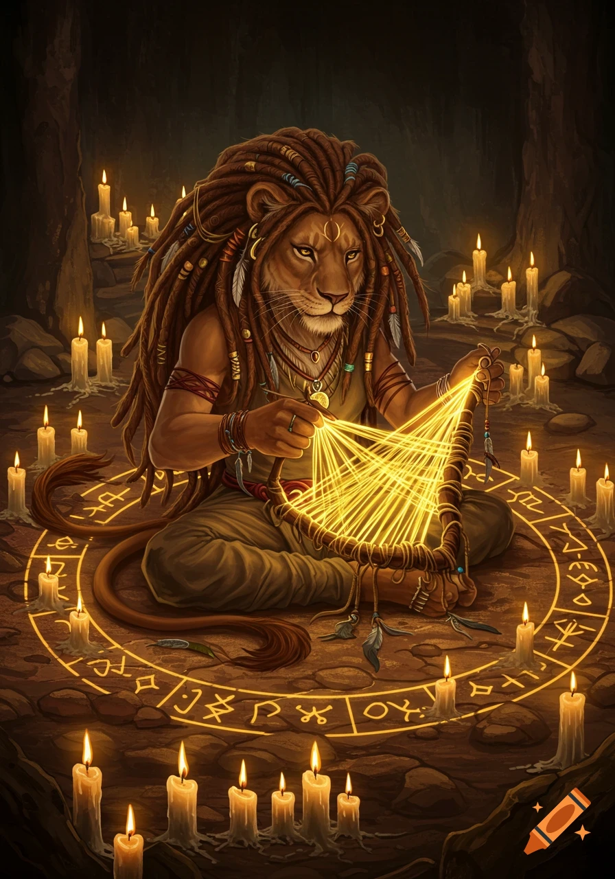 A majestic lion-humanoid with dreadlocks sits cross-legged in a candlelit cave, weaving golden energy strands within a circle of ancient symbols.