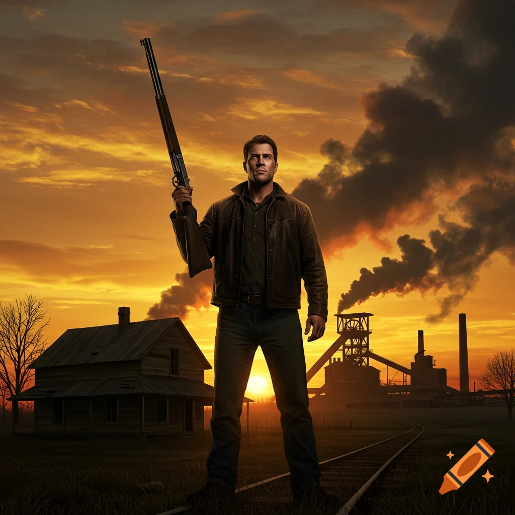 Photorealistic image of a man holding a rifle at sunset with a house and coal mine in the background.