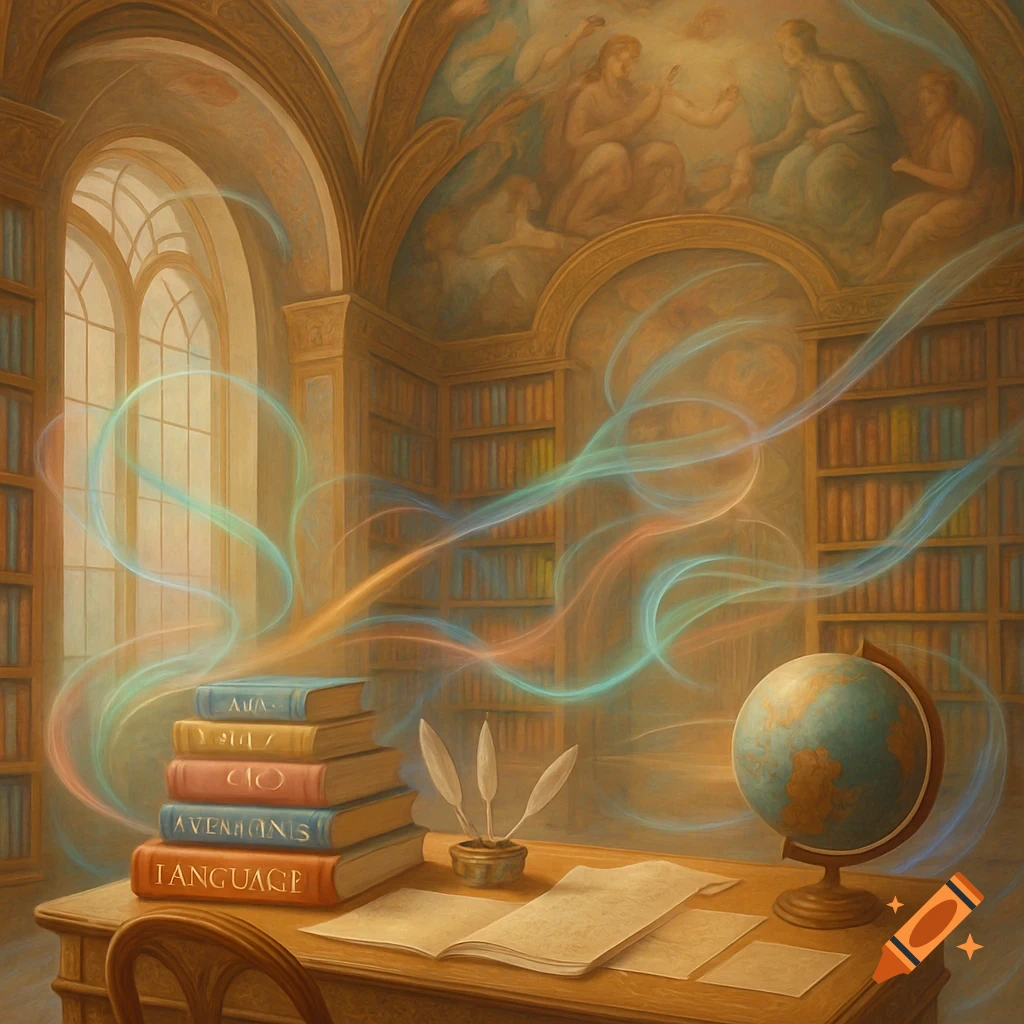 A sunlit, ornate library features a desk with a stack of books, quill pens, a globe, and ethereal wisps of light floating through the air.