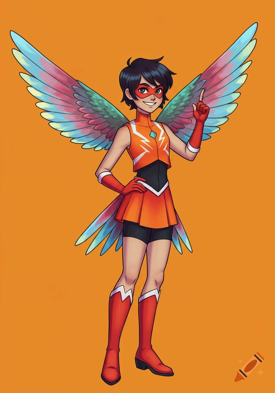 A cartoon superhero with short dark hair, a red eye mask, and large colorful hummingbird wings, wearing an orange and black suit, pointing up on an orange background.