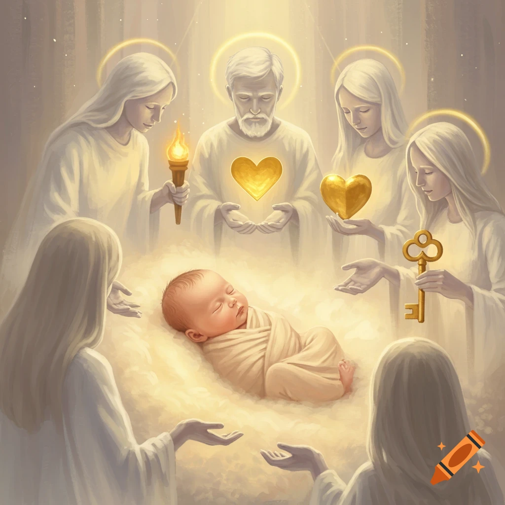 A sleeping baby is surrounded by six glowing spiritual figures with halos, holding golden hearts, a torch, and a key, in a dreamy, painted style.