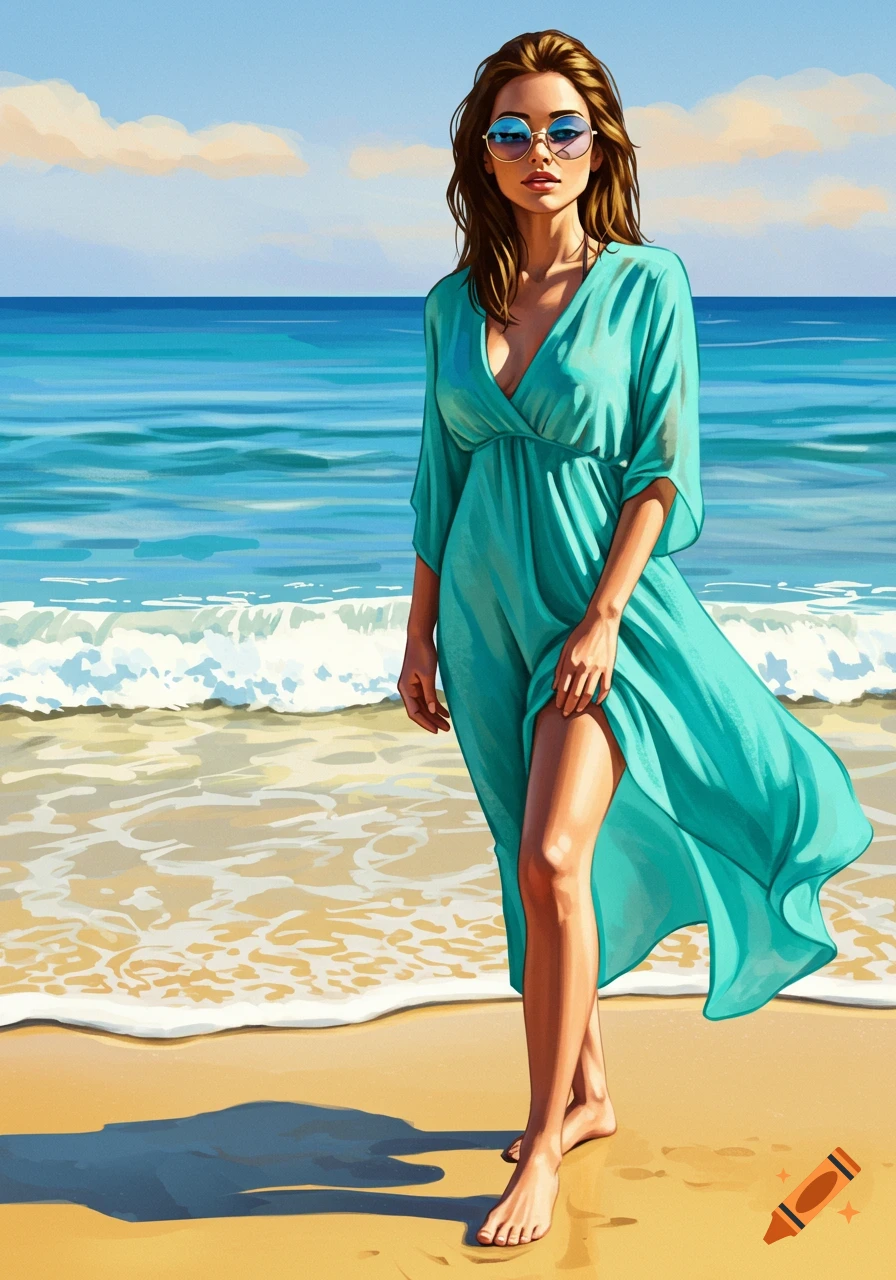 A woman in a flowing teal dress and sunglasses stands on a sandy beach with ocean waves in an illustrated style.