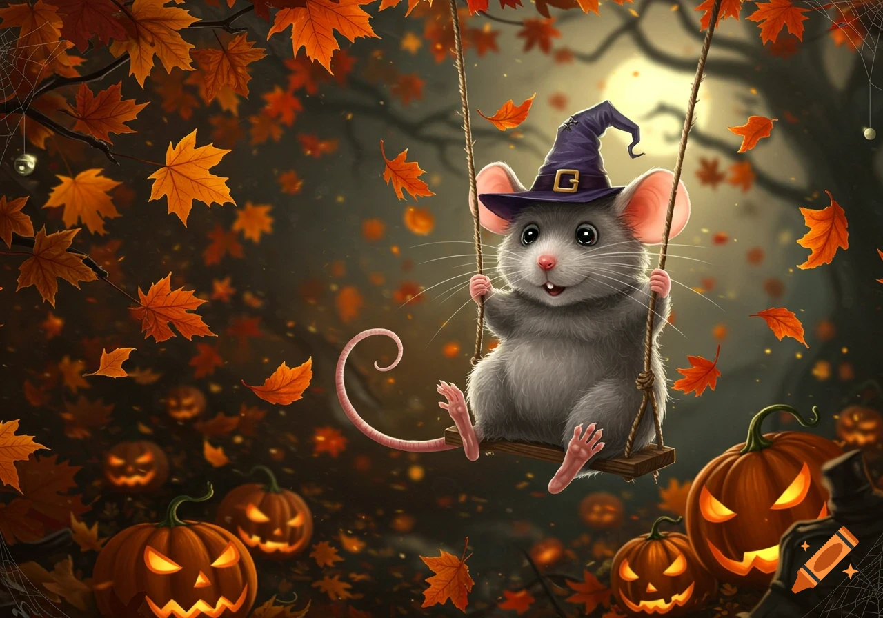 A cute gray cartoon mouse wearing a purple witch hat smiles while swinging on a rope swing amidst falling autumn leaves and carved Halloween pumpkins.