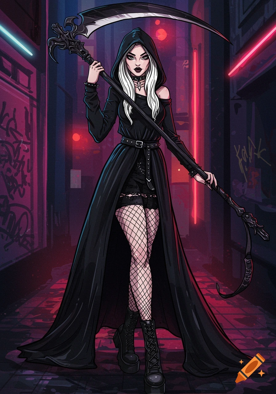An illustrated alt-style woman with white hair in a black hooded dress, fishnet tights, and boots, holding a scythe in a dark alley with neon lights.
