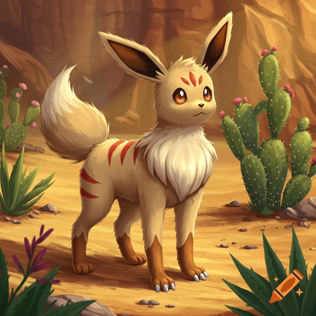 A ground-type Eeveelution stands in a desert landscape with cacti under a warm sky in an anime style.