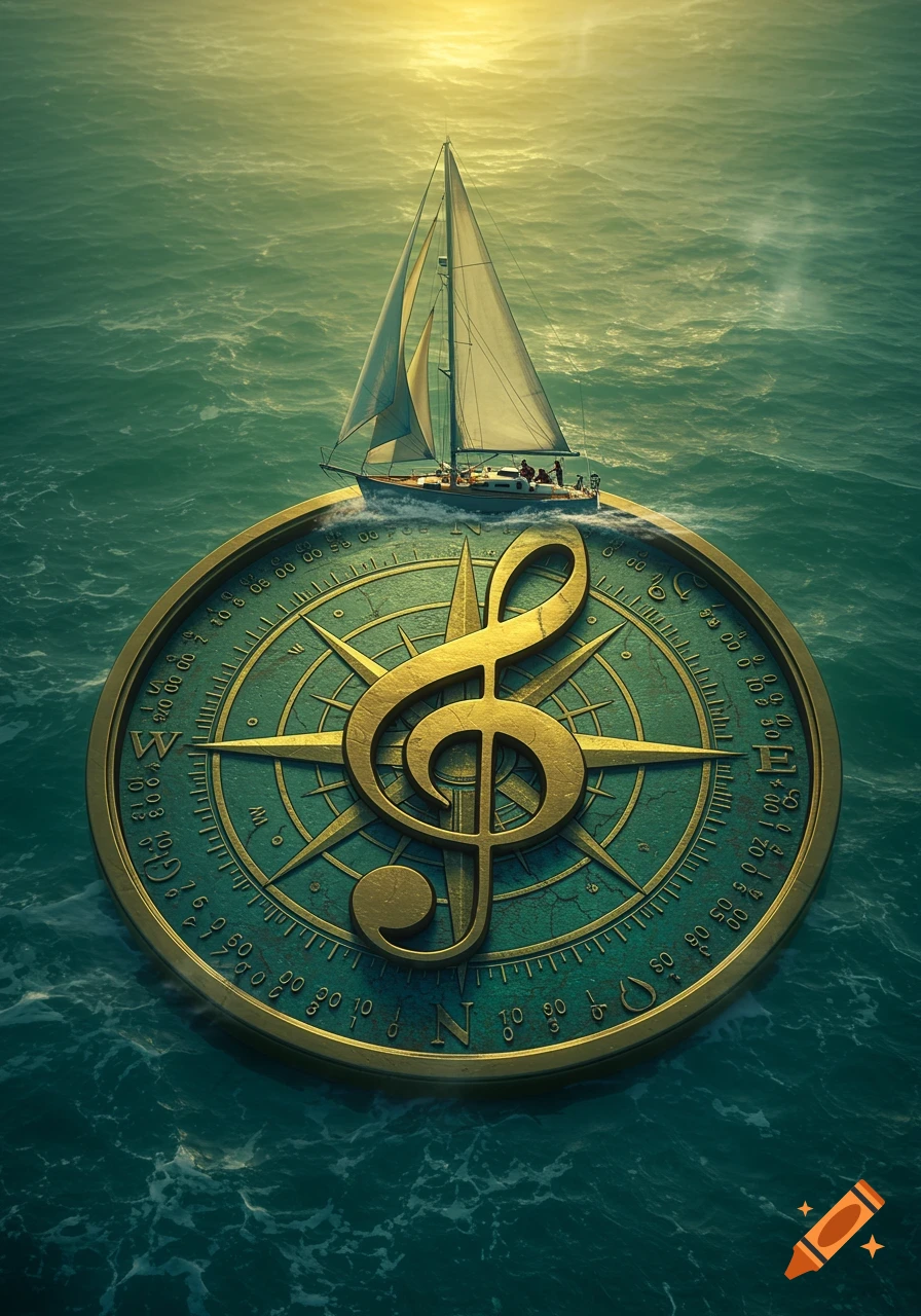 A golden treble clef is etched into a large, teal and gold compass floating on serene ocean waves, with a sailboat cruising past its edge under a warm, glowing sky.