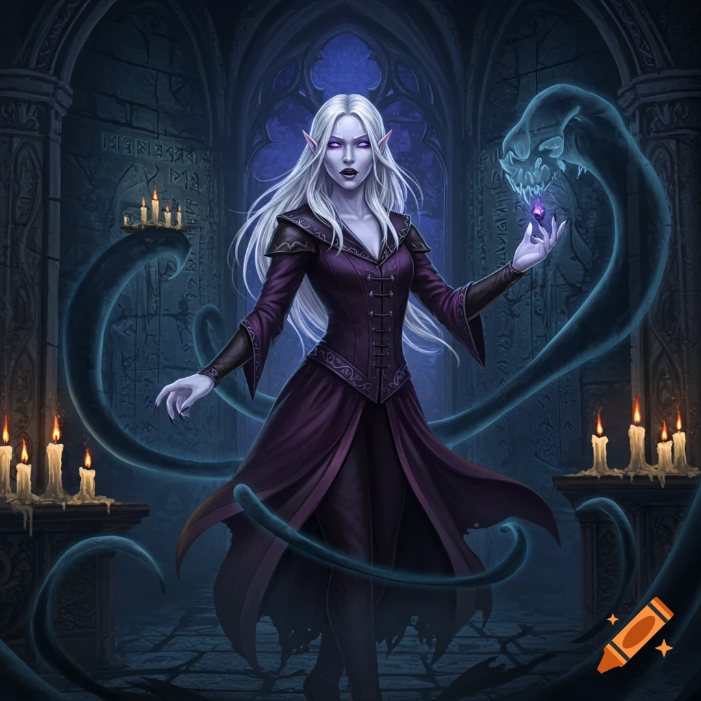 A white-haired elf-like sorceress with purple eyes in a dark, gothic chamber, conjuring a spectral snake with a glowing crystal.
