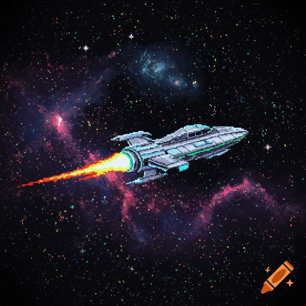 A pixel art spaceship with a bright orange exhaust trail flies through deep space, surrounded by stars and colorful nebulae.