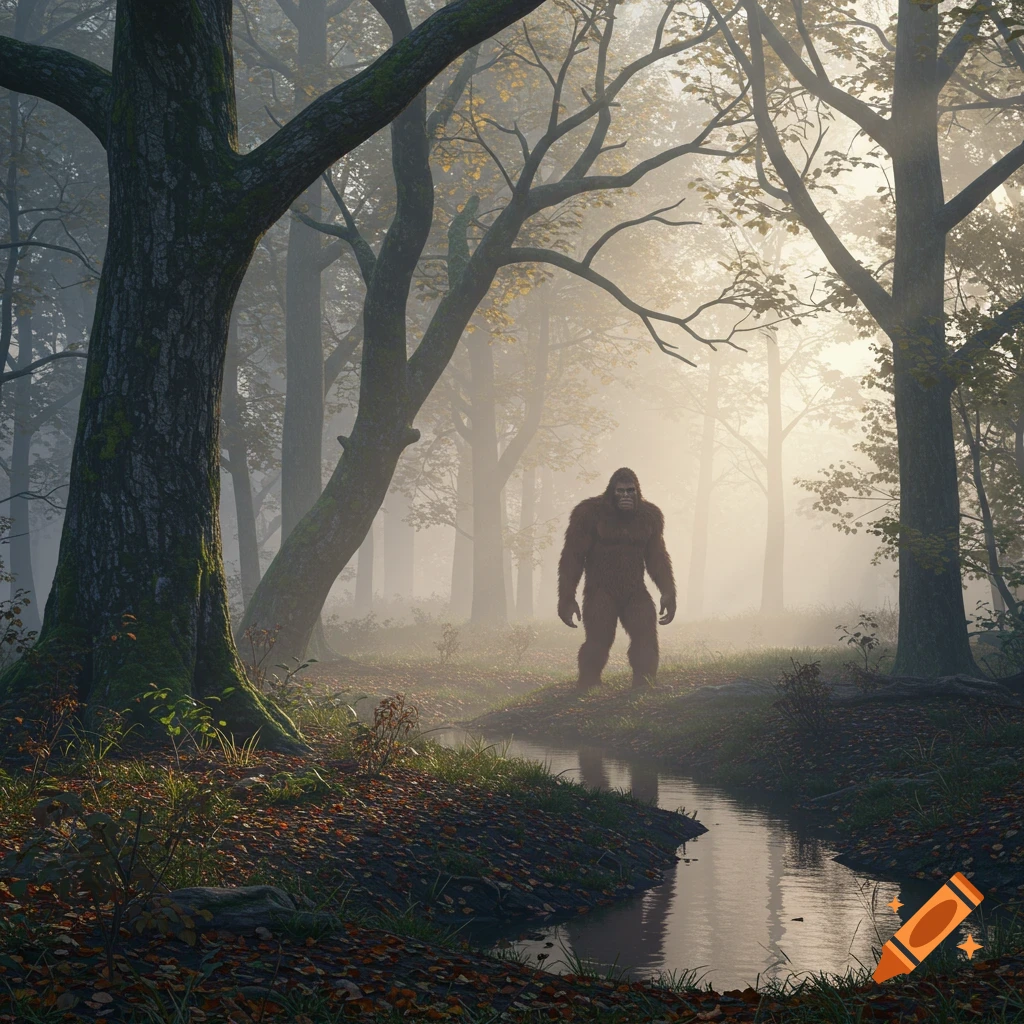 A large, brown, ape-like Bigfoot creature stands in a misty forest with a small stream in the foreground.