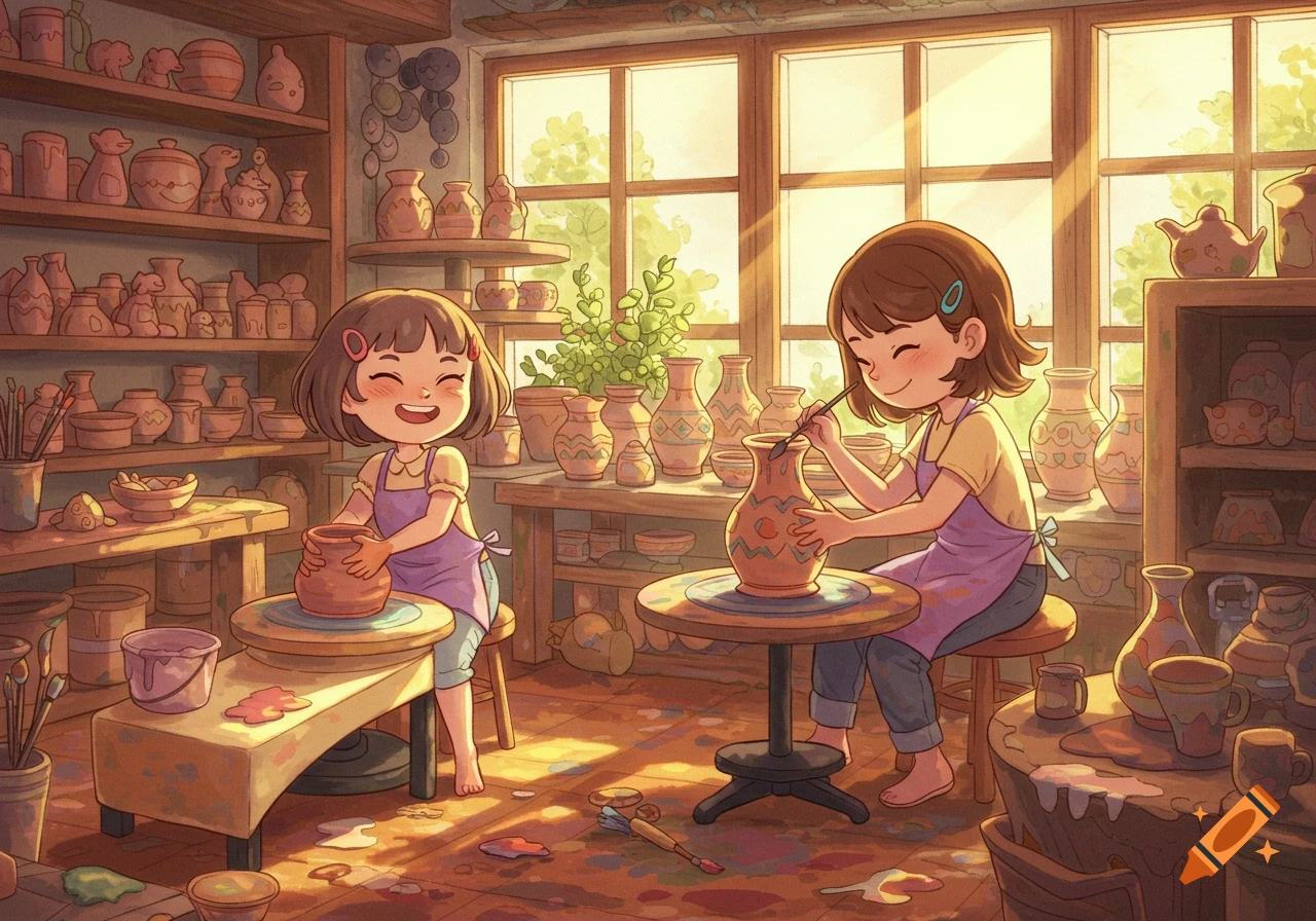 Two smiling cartoon girls making pottery in a sunlit ceramic workshop, surrounded by shelves of pottery.