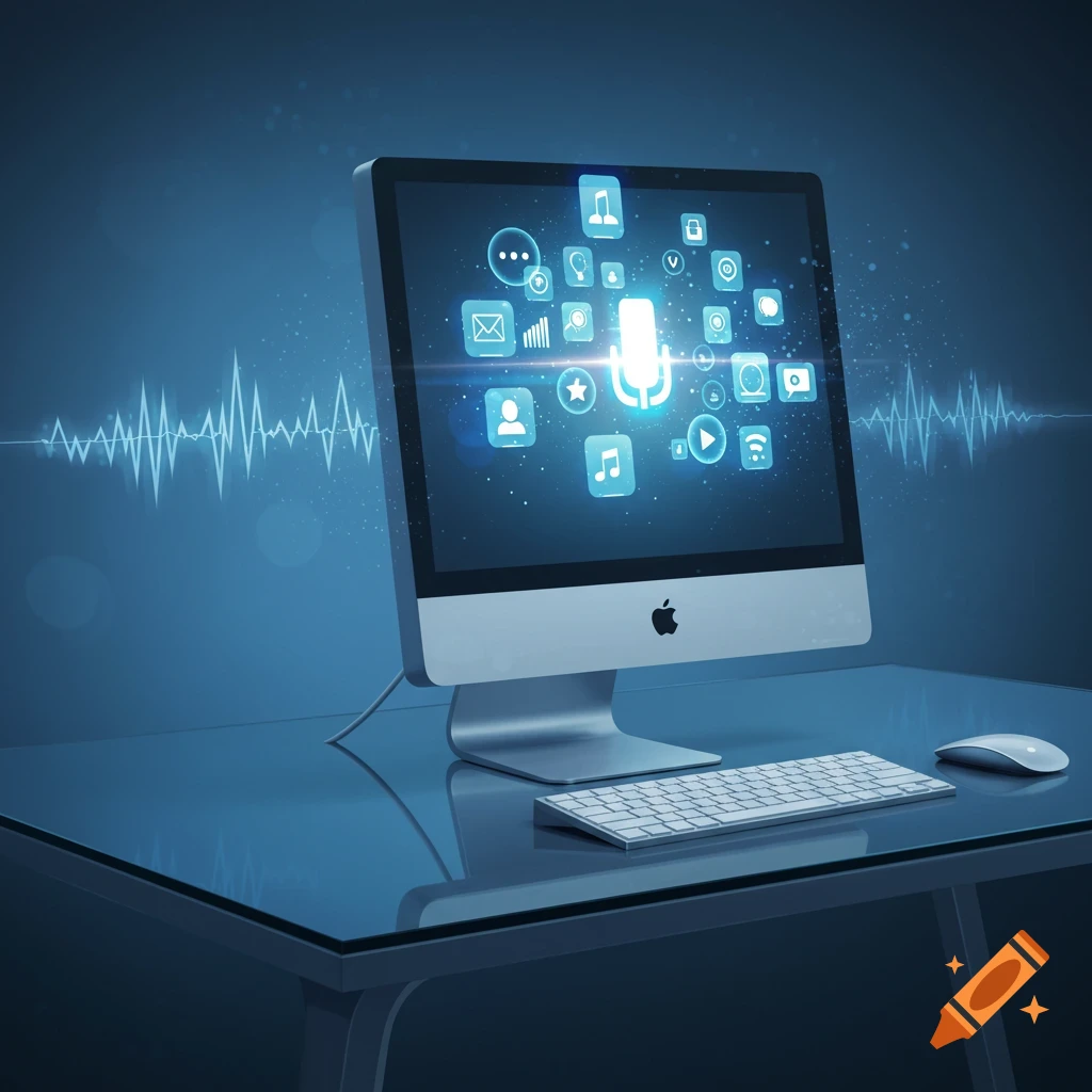 A modern computer sits on a desk, displaying a vibrant blue interface with a microphone icon at its center, surrounded by various app icons and undulating sound waves on a dark blue background.