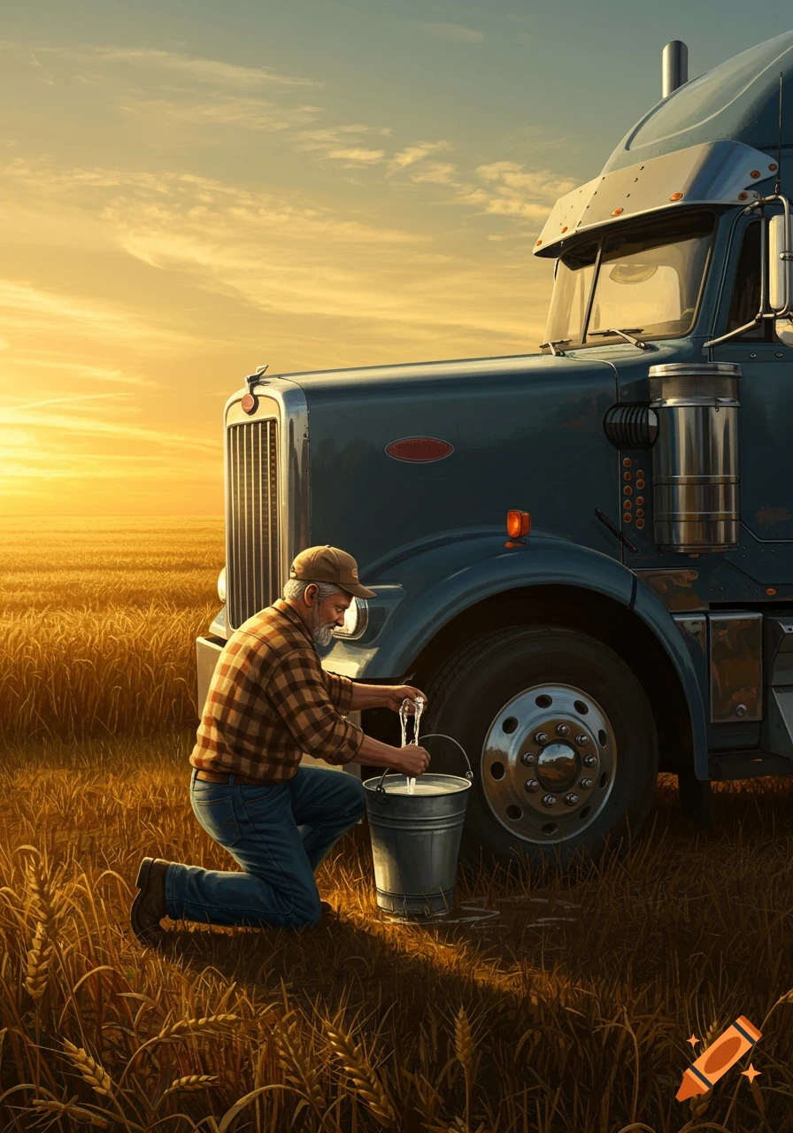 A truck driver kneels in a golden wheat field, pouring water from a semi-truck into a bucket at sunset.