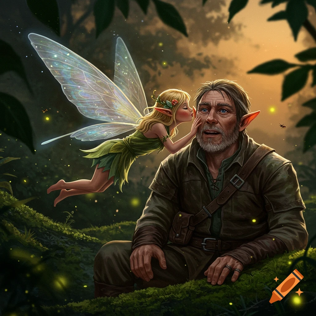 A small, winged fairy in a green dress kisses the cheek of a surprised, bearded adventurer with pointed ears in a magical forest at dusk.