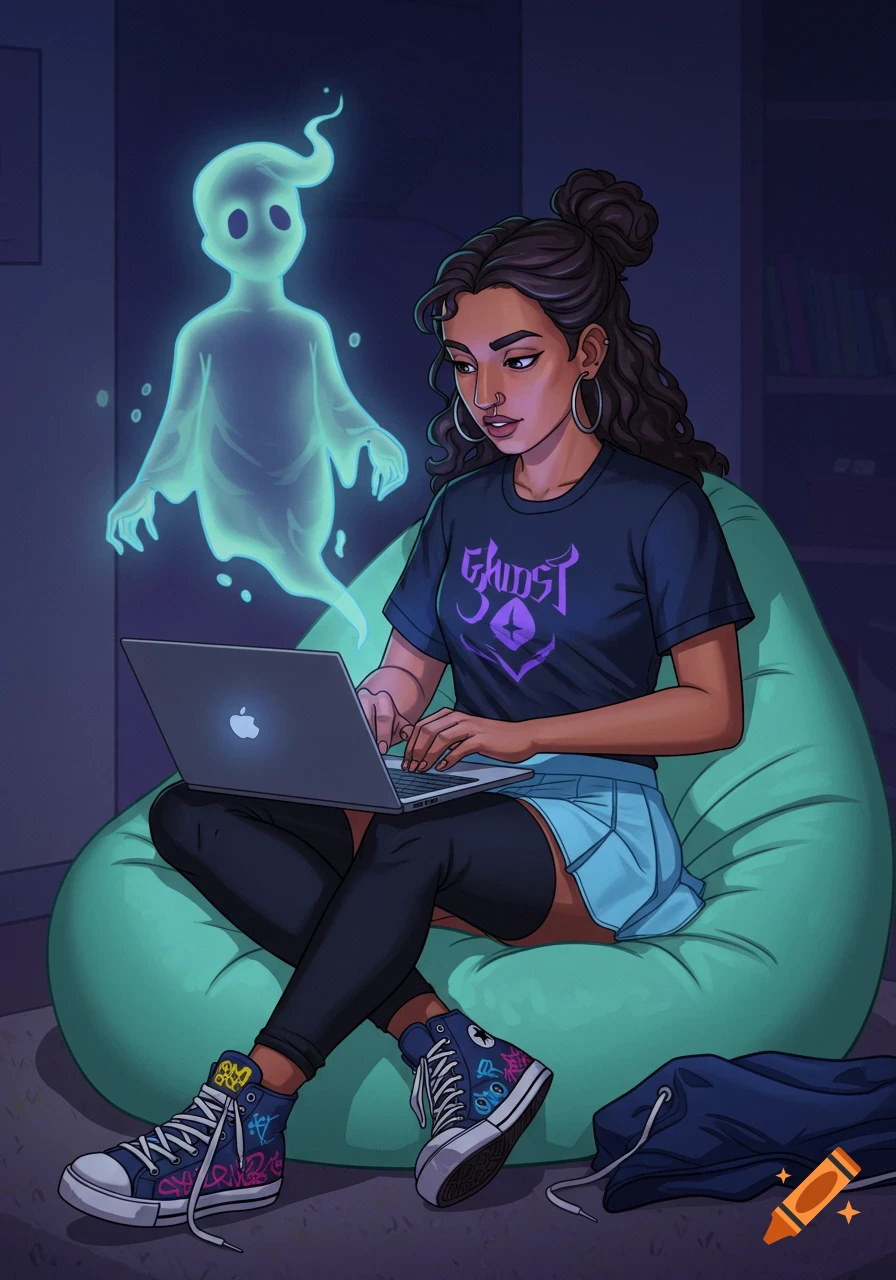 A young woman with a ghost companion sits on a teal bean bag, typing on a laptop. She wears a Ghost band shirt, skirt, leggings, and graffiti-covered high-top shoes.