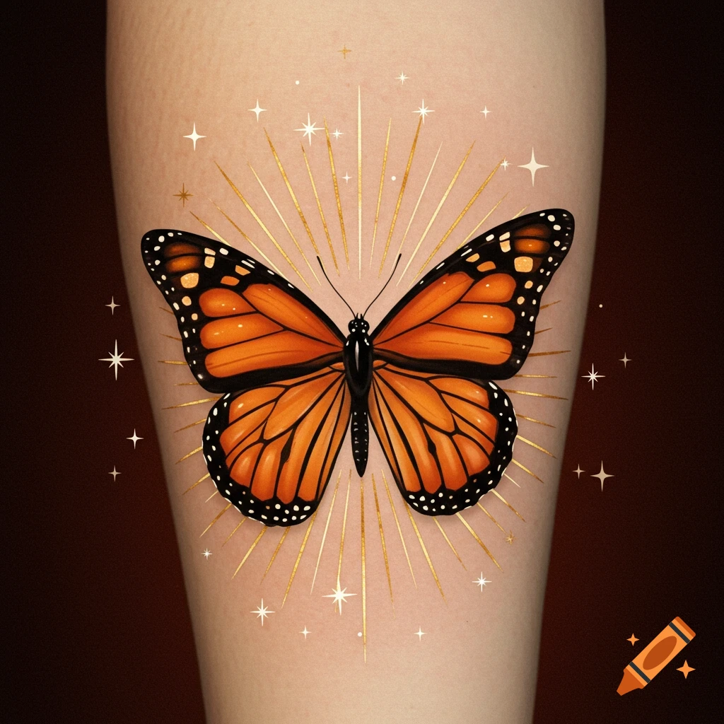 A monarch butterfly tattoo with golden rays and white sparkles on light-toned skin.