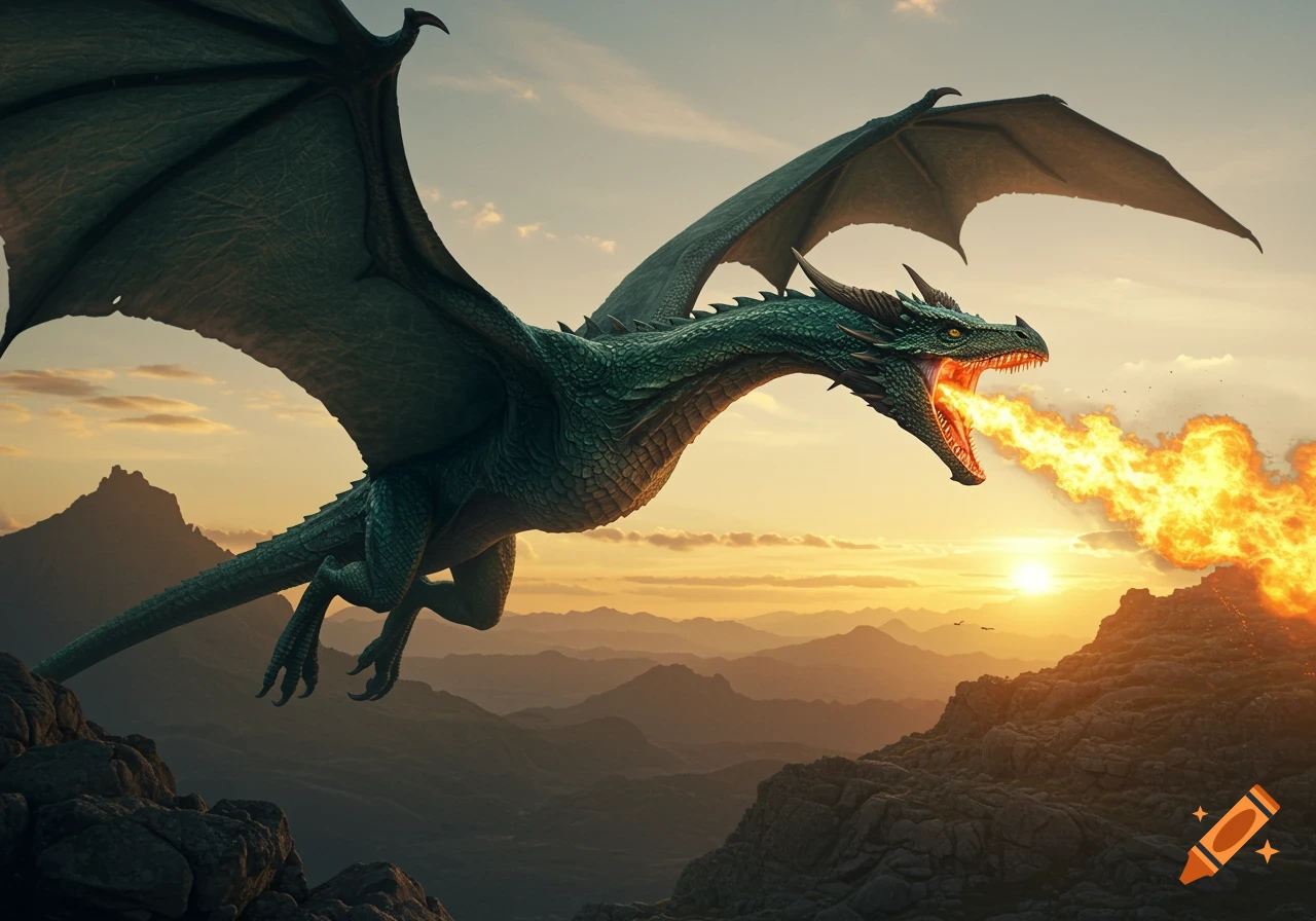 Photorealistic green dragon flying and breathing fire over mountains at sunset.