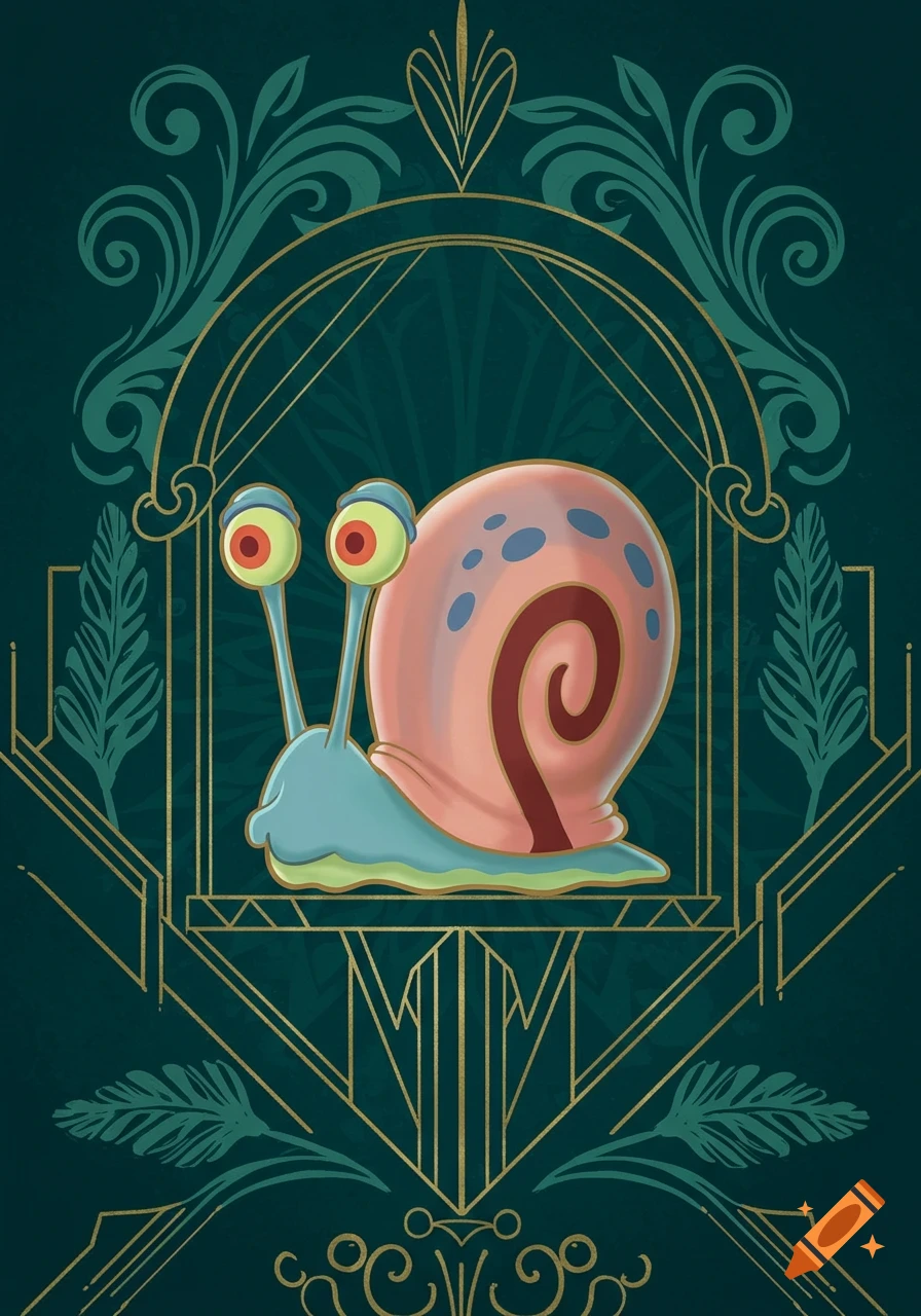Gary the snail from Spongebob is depicted in an Art Deco style, surrounded by green and gold geometric patterns on a dark teal background.