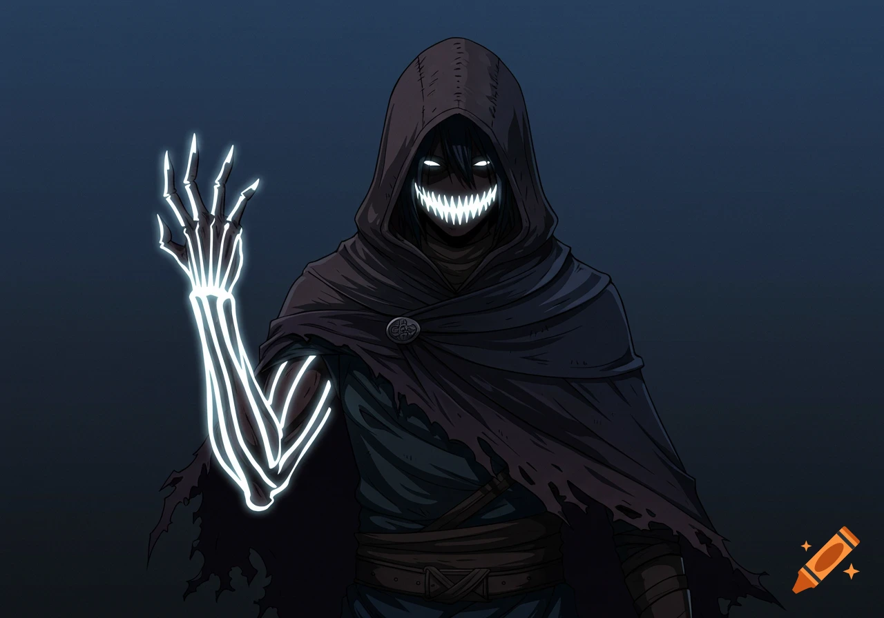An anime-style dark hooded assassin with a glowing skeletal left arm and a wide, sharp-toothed grin.