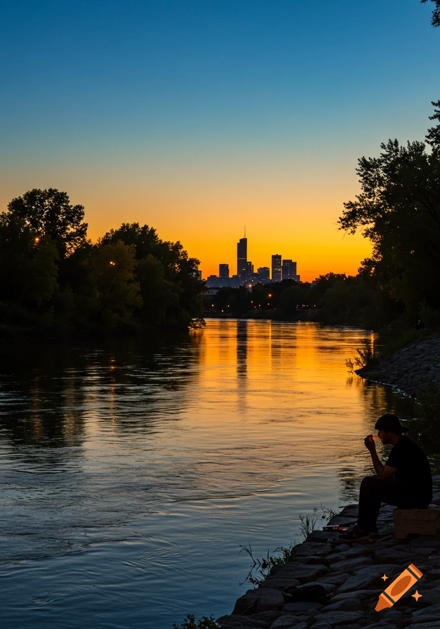 A person sits on a riverbank at sunset with a city skyline in the distance, reflected in the water.