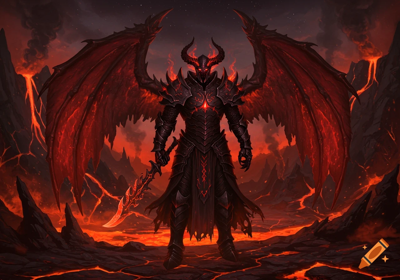A powerful demon in black armor with large red wings stands in a volcanic, lava-filled landscape with a flaming sword. Dark fantasy art.