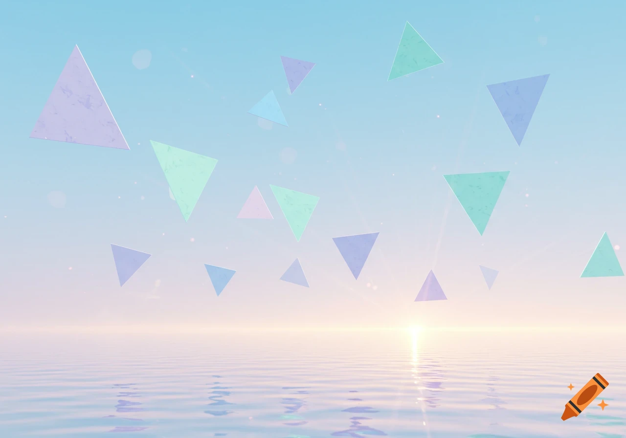 Colorful geometric triangles float above calm water with a soft, pastel sky and a bright horizon.