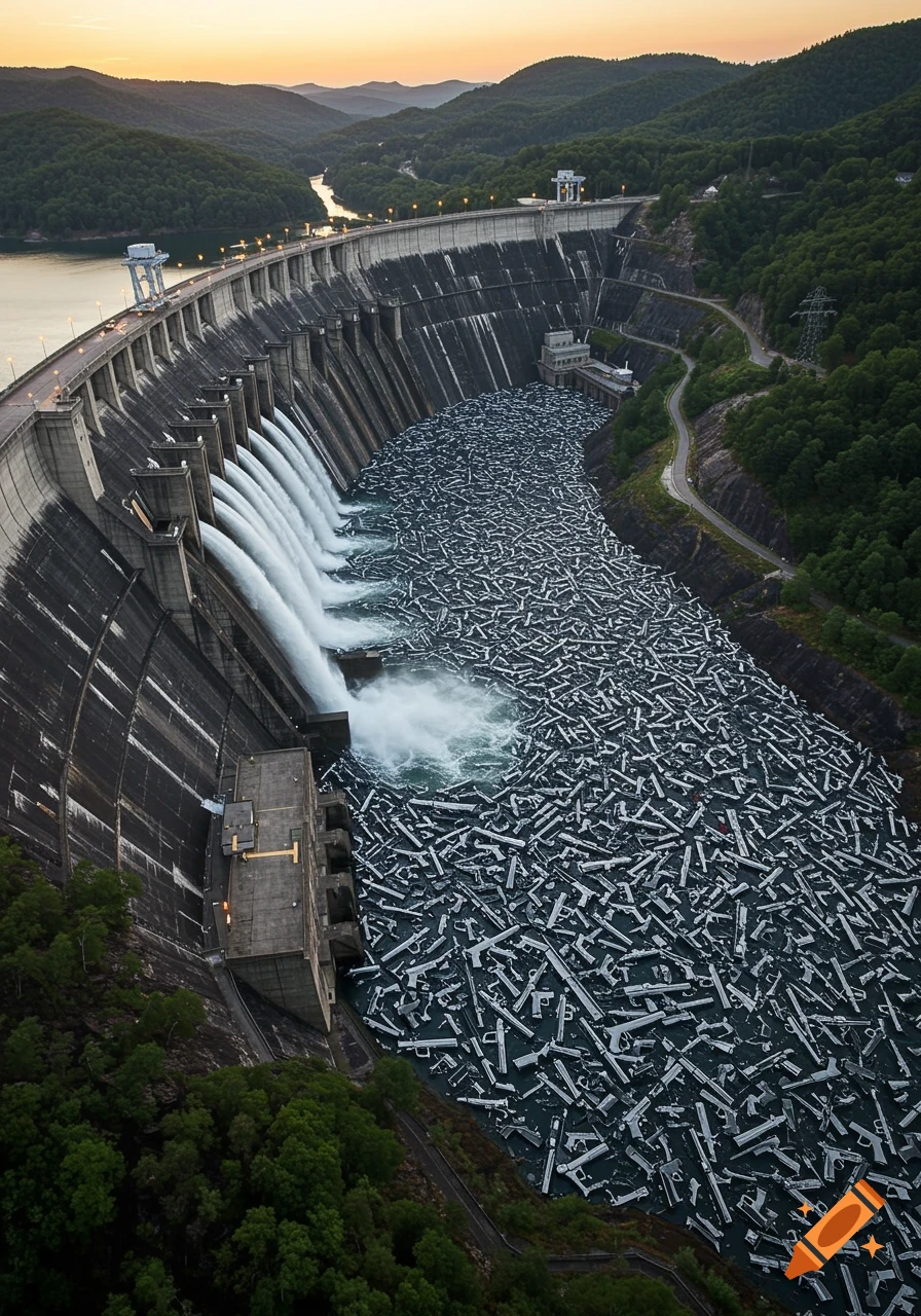 An aerial view of a large hydroelectric dam releasing water into a river filled with countless guns at sunset.