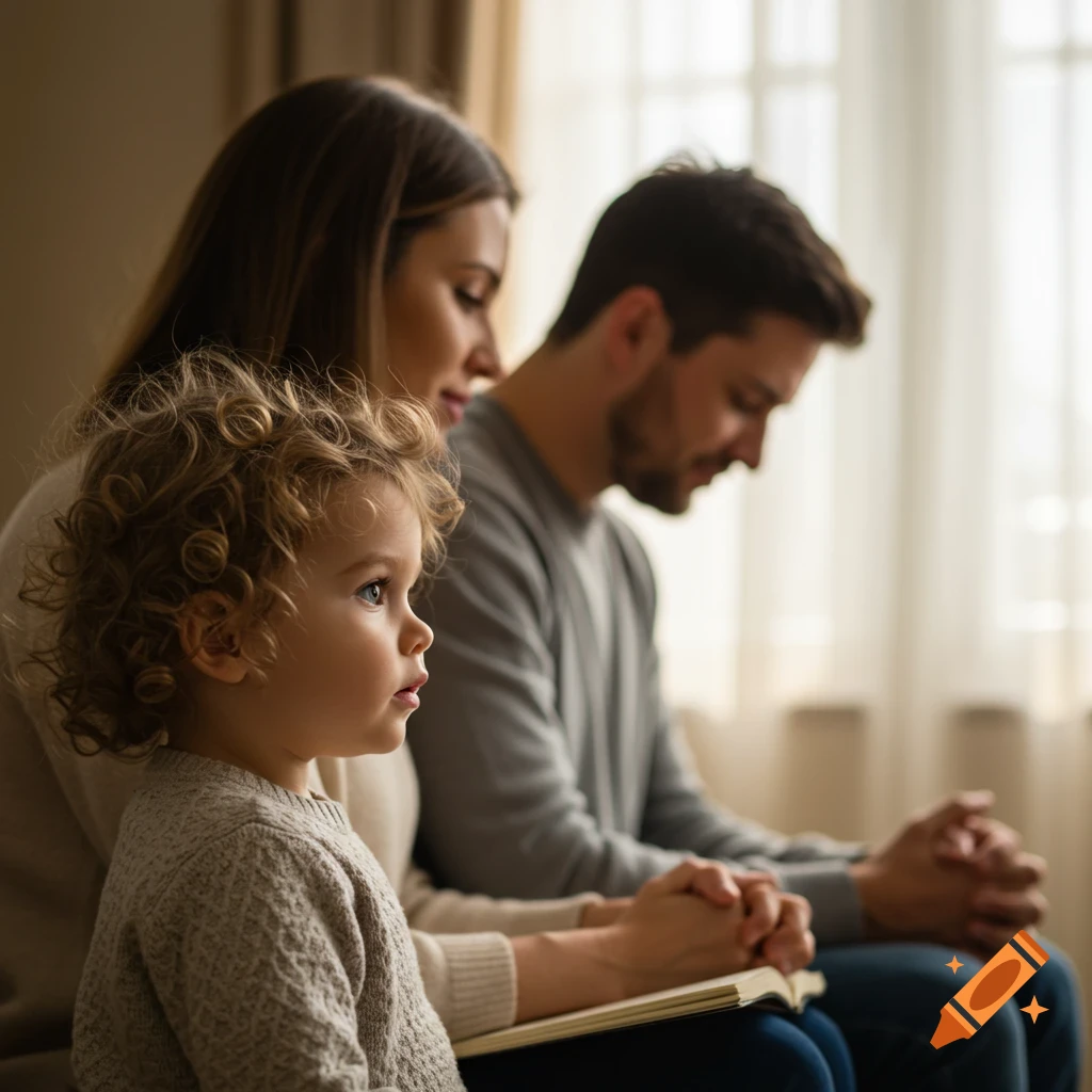 A young child with curly hair watches with awe as their parents pray beside them, holding hands over a book. Photorealistic.