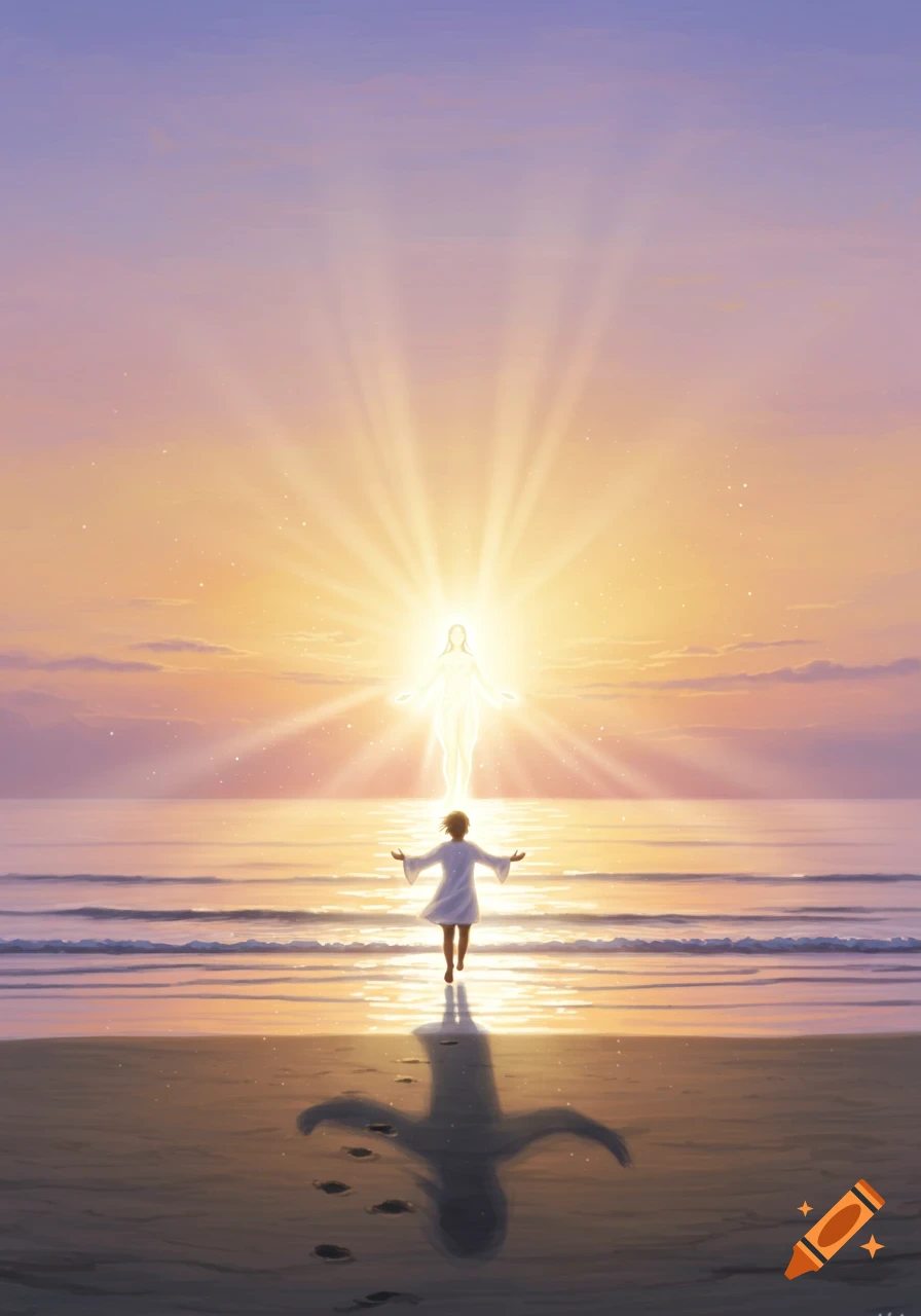 A person with open arms runs on a beach towards a glowing figure over the ocean at sunrise in an illustrated style.