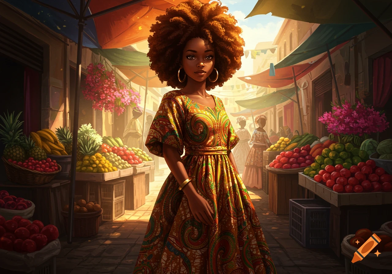 A Black woman with voluminous curly hair in a vibrant patterned dress stands in a bustling outdoor market with fruit stalls. Digital painting.