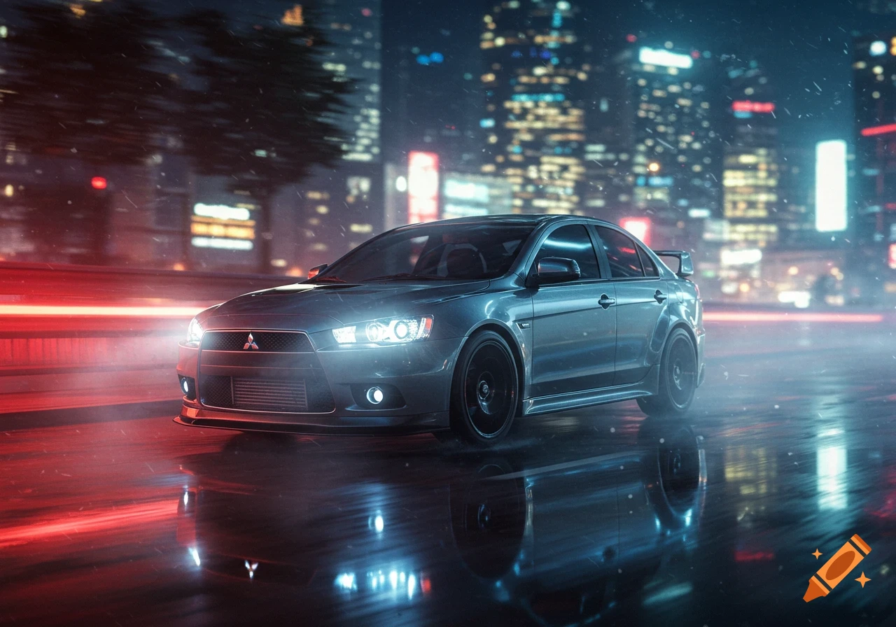 A grey Mitsubishi Lancer Evolution drives on a wet city street at night, with motion blur and reflections of red and blue lights.
