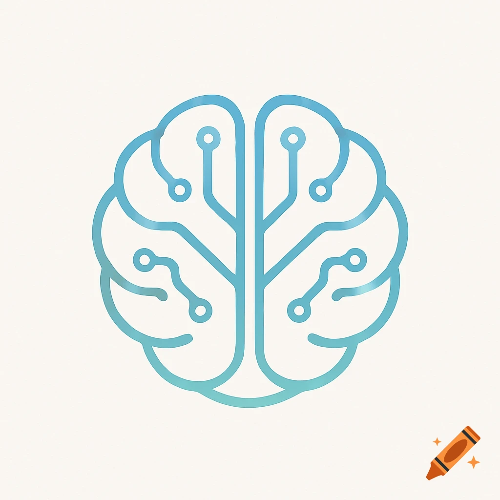 A stylized blue brain outline with circuit board-like lines and dots on a light background, resembling a tech logo.
