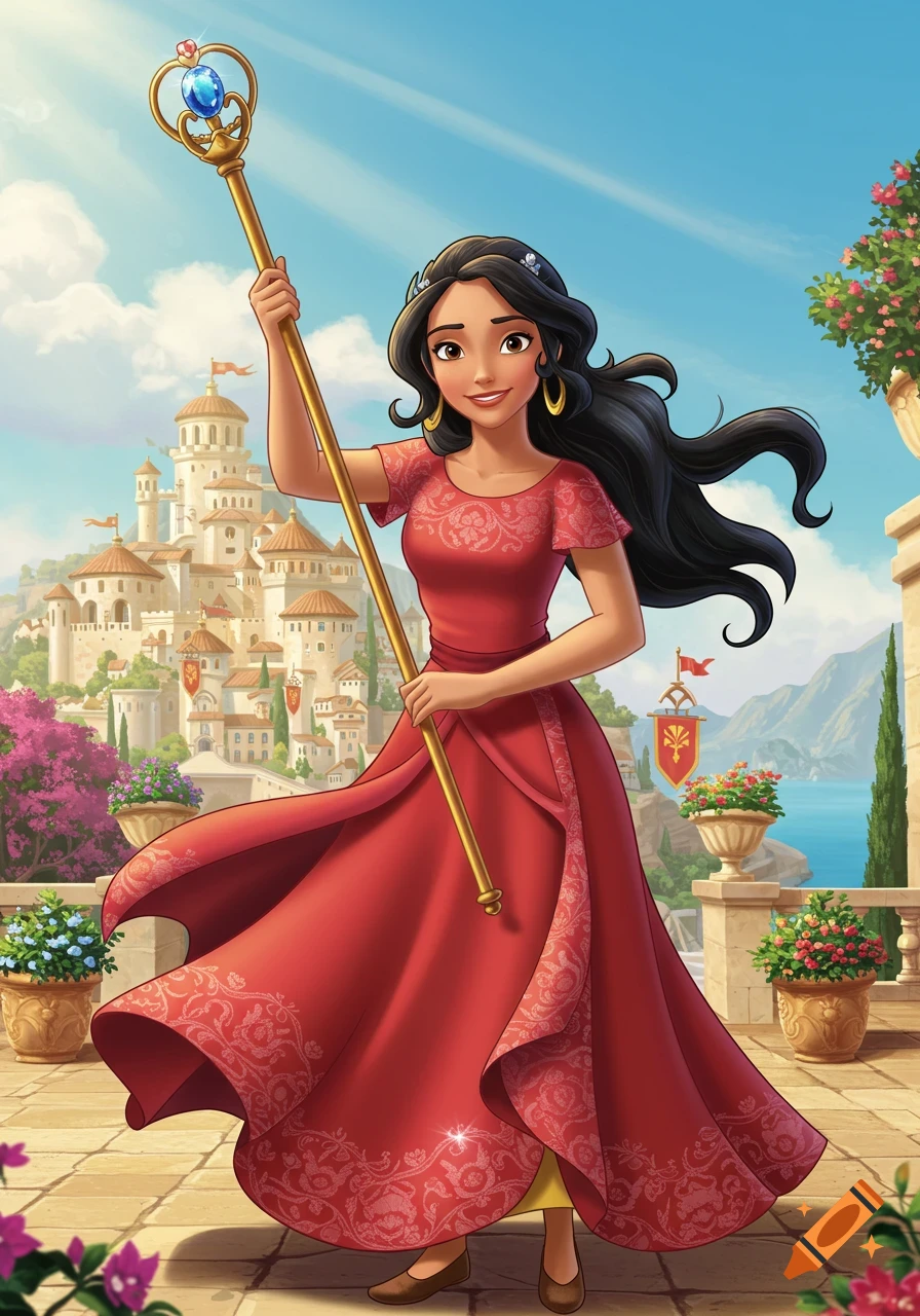 Smiling animated princess in a red dress holding a scepter, with a castle and ocean in the background.