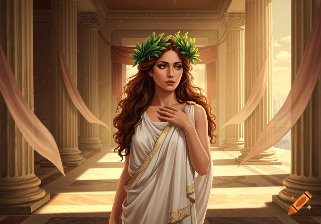 A Roman goddess with long brown hair and an oak wreath, wearing a white toga, stands in a classical temple with pillars.